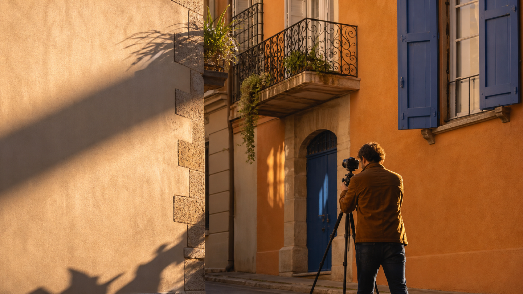 Scène éditoriale illustrant un appareil photo face à une façade catalane ensoleillée